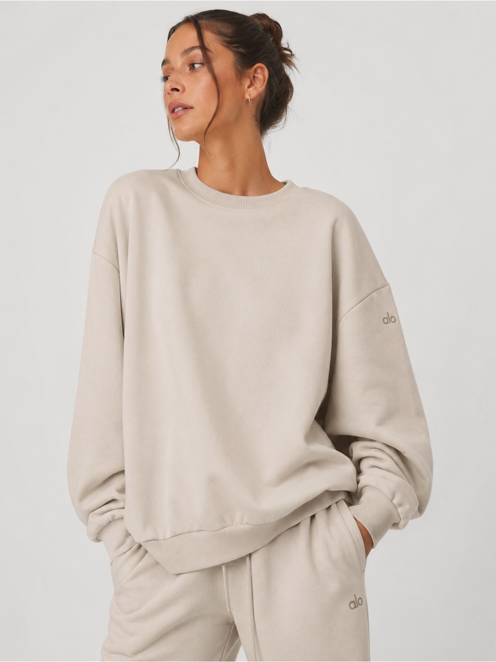 Alo Yoga Beige Oversized Crewneck Sweatshirt French Terry Sleeve Logo AE